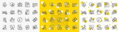 Illustration for Outline Pound money, Bitcoin coin and Clipboard line icons pack for web with Bankrupt, Euro money, Mortgage line icon. Euler diagram, Calendar tax, Fuel price pictogram icon. Hot loan. Vector - Royalty Free Image