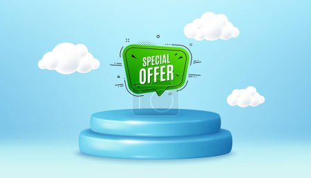 Illustration for Special offer banner. Winner podium 3d base. Product offer pedestal. Discount sticker shape. Sale coupon bubble icon. Special offer promotion message. Background with 3d clouds. Vector - Royalty Free Image