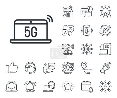 Illustration for Wireless technology sign. Place location, technology and smart speaker outline icons. 5g notebook line icon. Mobile wifi internet symbol. 5g notebook line sign. Vector - Royalty Free Image