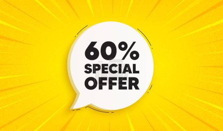 Illustration for 60 percent discount offer tag. Speech bubble sunburst banner. Sale price promo sign. Special offer symbol. Discount chat speech message. Yellow sun burst background. Vector - Royalty Free Image