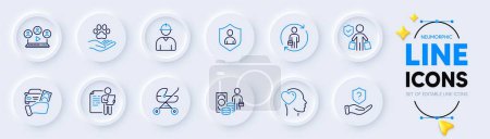 Illustration for Buyer insurance, Engineer and Video conference line icons for web app. Pack of Pets care, Rent car, Job interview pictogram icons. Replacement, Security, Money profit signs. Friend. Vector - Royalty Free Image