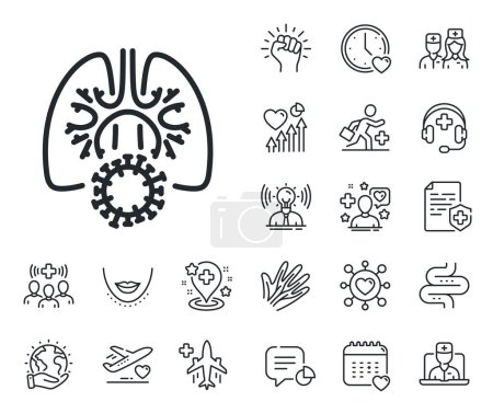Illustration for Pneumonia disease sign. Online doctor, patient and medicine outline icons. Lungs with coronavirus line icon. Respiratory distress symbol. Coronavirus lungs line sign. Vector - Royalty Free Image