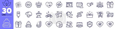 Illustration for Refresh cart, Puzzle time and Love her line icons pack. Bicycle helmet, Buyers, Love music web icon. E-bike, Calendar, Fireworks explosion pictogram. Lake, Market, Discount offer. Vector - Royalty Free Image
