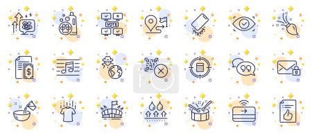 Illustration for Outline set of Quote bubble, Brush and Musical note line icons for web app. Include Qr code, Approved document, Stress grows pictogram icons. Payment, Contactless payment, Dry t-shirt signs. Vector - Royalty Free Image