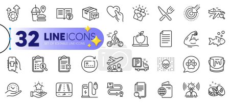 Illustration for Outline set of Shop app, Targeting and Seo gear line icons for web with Gps, Delivery service, Food thin icon. Reject checklist, Pets care, Search flight pictogram icon. Renew card. Vector - Royalty Free Image