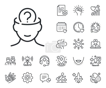 Illustration for Mental health sign. Online doctor, patient and medicine outline icons. Psychology therapy line icon. Brain question mark symbol. Psychology line sign. Veins, nerves and cosmetic procedure icon. Vector - Royalty Free Image