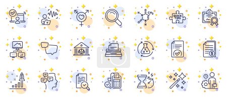 Illustration for Outline set of Speech bubble, Online access and Court building line icons for web app. Include Messages, Typewriter, Employee pictogram icons. Chemistry experiment, Development plan. Vector - Royalty Free Image