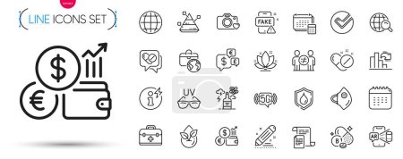Illustration for Pack of Fake news, Augmented reality and Medical mask line icons. Include Calendar, Sunglasses, Globe pictogram icons. Alcohol addiction, Brand contract, First aid signs. Medical drugs. Vector - Royalty Free Image