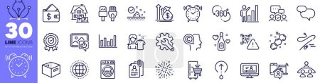 Illustration for Security agency, Interview documents and Skin care line icons pack. Office box, Qr code, Computer cables web icon. Work home, Budget, Insurance medal pictogram. Chemical formula. Vector - Royalty Free Image