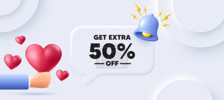 Illustration for Get Extra 50 percent off Sale. Neumorphic background with speech bubble. Discount offer price sign. Special offer symbol. Save 50 percentages. Extra discount speech message. Vector - Royalty Free Image