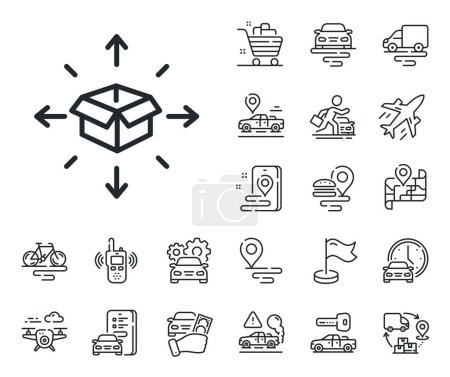 Illustration for Logistics service sign. Plane, supply chain and place location outline icons. Parcel delivery line icon. Tracking symbol. Parcel delivery line sign. Taxi transport, rent a bike icon. Vector - Royalty Free Image