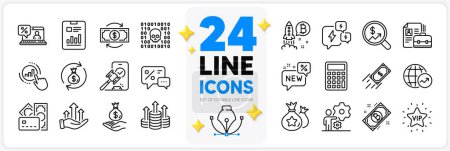 Illustration for Icons set of Job, Currency audit and Fast payment line icons pack for app with Money, Report document, Online loan thin outline icon. Bitcoin, World statistics, New pictogram. Vector - Royalty Free Image
