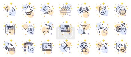 Illustration for Outline set of Heart, Loyalty star and Orange line icons for web app. Include 5g internet, Motherboard, Ranking pictogram icons. Dishes, Edit user, Attention signs. Faq, Milestone, Synchronize. Vector - Royalty Free Image