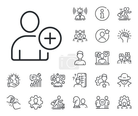 Illustration for Profile Avatar sign. Specialist, doctor and job competition outline icons. Add User line icon. Person silhouette symbol. Add User line sign. Avatar placeholder, spy headshot icon. Vector - Royalty Free Image