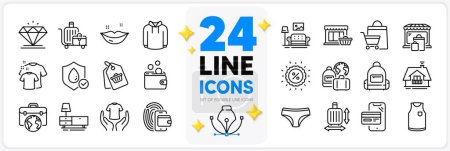 Illustration for Icons set of Backpack, Baggage and Baggage size line icons pack for app with Waterproof, Marketplace, Online shopping thin outline icon. Wallet, Furniture, T-shirt pictogram. Discount. Vector - Royalty Free Image