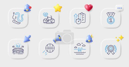 Illustration for Sports arena, Best rank and Worms line icons. Buttons with 3d bell, chat speech, cursor. Pack of Winner ribbon, Cardio bike, Basketball icon. Swimming pool, Timer pictogram. Vector - Royalty Free Image