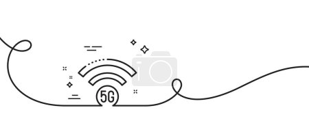 Téléchargez les illustrations : Icône de ligne de technologie wi-fi 5g. Continu une ligne avec boucle. Wifi réseau sans fil signe. Symbole Internet mobile. 5g wifi ruban contour unique. Courbe de boucle. Vecteur - en licence libre de droit