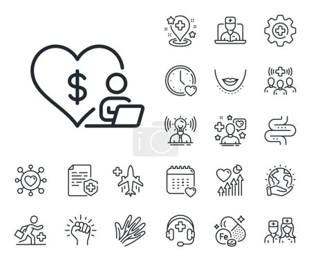 Illustration for Online charity sign. Online doctor, patient and medicine outline icons. Volunteer care line icon. Donation service symbol. Volunteer line sign. Veins, nerves and cosmetic procedure icon. Vector - Royalty Free Image