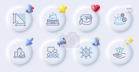 Illustration for Brush, Framework and Inspect line icons. Buttons with 3d bell, chat speech, cursor. Pack of Typewriter, Working process, Engineering team icon. Consolidation, Triangle area pictogram. Vector - Royalty Free Image