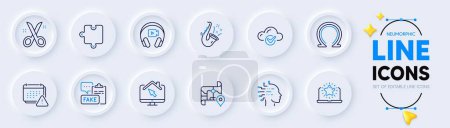 Illustration for Omega, Scissors and Puzzle line icons for web app. Pack of Jazz, Cloud computing, Map pictogram icons. Work home, Headphones, Artificial intelligence signs. Fake document, Notification. Vector - Royalty Free Image