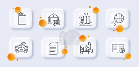 Illustration for Destination flag, Basketball and Bid offer line icons pack. 3d glass buttons with blurred circles. Radiator, Car leasing, Clipboard web icon. Copy files, Help pictogram. For web app, printing. Vector - Royalty Free Image