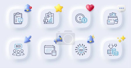 Illustration for Money, Cyber attack and Usd coins line icons. Buttons with 3d bell, chat speech, cursor. Pack of Deflation, Report, Account icon. Auction, Checklist pictogram. For web app, printing. Vector - Royalty Free Image
