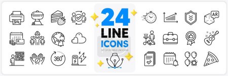 Illustration for Icons set of Care, Approved teamwork and Cake line icons pack for app with Engineering team, Pizza, Coffee thin outline icon. Augmented reality, Cleaning, Print image pictogram. Vector - Royalty Free Image