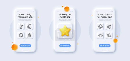 Illustration for Chromium mineral, Donation and Coronavirus vaccine line icons pack. 3d phone mockups with star. Glass smartphone screen. Fever temperature, Vaccine report, Emergency call web icon. Vector - Royalty Free Image