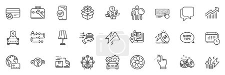 Ilustración de Los iconos se empaquetan como teclado de computadora, curva de demanda e iconos de línea de carga de automóviles para la aplicación incluyen cajas de embalaje, relámpago, contorno de burbuja Talk conjunto web icono delgado. Lámpara de mesa, servicio de coche. Vector - Imagen libre de derechos