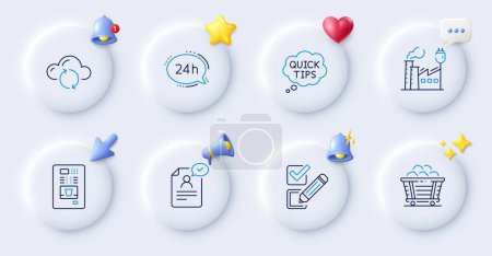 Illustration for 24h service, Coal trolley and Coffee vending line icons. Buttons with 3d bell, chat speech, cursor. Pack of Factory, Cloud sync, Quick tips icon. Resume document, Checkbox pictogram. Vector - Royalty Free Image
