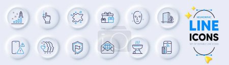 Illustration for Surprise boxes, Dirty spot and Friends couple line icons for web app. Pack of Contactless payment, Development plan, Health skin pictogram icons. Grill, Phone warning, Shield signs. Vector - Royalty Free Image
