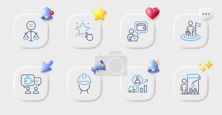 Illustration for Wallet, Career ladder and Ranking star line icons. Buttons with 3d bell, chat speech, cursor. Pack of Ethics, Puzzle, Painter icon. Foreman, Leadership pictogram. For web app, printing. Vector - Royalty Free Image