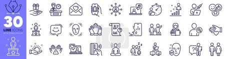 Illustration for Uv protection, Teamwork and Clean hands line icons pack. Yoga, Restroom, Presentation time web icon. Report stats, Loyalty program pictogram. Like, Vote, Find user. Voicemail. Vector - Royalty Free Image
