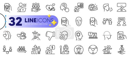 Illustration for Outline set of Nurse, Social care and Queue line icons for web with Business person, Health skin, Fake information thin icon. Competition, Award app, Cough pictogram icon. Dislike hand. Vector - Royalty Free Image