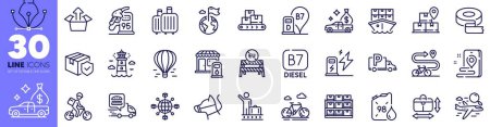 Illustration for Logistics network, Charging station and Lighthouse line icons pack. Adhesive tape, Diesel station, Shipment web icon. Delivery bike, Wholesale goods, Petrol canister pictogram. Storage. Vector - Royalty Free Image