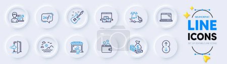 Illustration for Market seller, Money and Electric guitar line icons for web app. Pack of Scroll down, Entrance, Success business pictogram icons. Wallet money, Sea mountains, Laptop signs. 24h service. Vector - Royalty Free Image