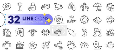 Illustration for Outline set of Augmented reality, Ranking and Microscope line icons for web with Recovery tool, Game console, Survey thin icon. Wind energy, Timer, Recovery gear pictogram icon. Vector - Royalty Free Image