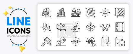 Illustration for Search package, Open door and Power certificate line icons set for app include Gas station, Circle area, Get box outline thin icon. Square area, Petrol station, Buildings pictogram icon. Vector - Royalty Free Image