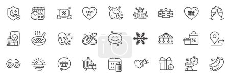 Illustration for Icons pack as Puzzle, Journey and Add gift line icons for app include Love glasses, Puzzle time, Refresh cart outline thin icon web set. Baggage cart, Carousels, Grilled sausage pictogram. Vector - Royalty Free Image