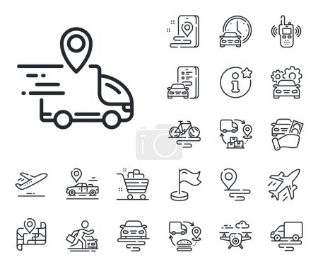 Illustration for Courier location sign. Plane, supply chain and place location outline icons. Delivery truck line icon. Order delivery symbol. Delivery truck line sign. Taxi transport, rent a bike icon. Vector - Royalty Free Image