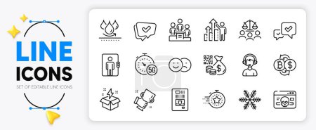 Illustration for Approved, Business podium and 5g internet line icons set for app include Like, Approve, Timer outline thin icon. Elevator, Consultant, Qr code pictogram icon. Cyber attack, Waterproof. Vector - Royalty Free Image