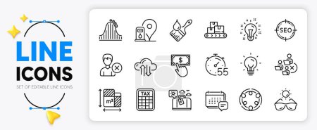 Illustration for Inclusion, Roller coaster and Energy line icons set for app include Payment click, Idea, Remove account outline thin icon. Cloud sync, Tax calculator, Brush pictogram icon. Seo, Timer. Vector - Royalty Free Image