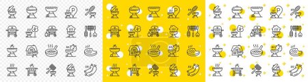 Salmon meat steak, Bbq smoker and Fire cooking set. Grill line icons. Gas-fueled grill, hot pan and barbecue sausage icons. Grilled beef steak meat, roasted food and fish grilling basket. Vector