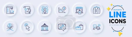 Illustration for Bitcoin project, Coffee machine and Difficult stress line icons for web app. Pack of Dollar rate, Cursor, Gifts pictogram icons. Lawyer, Water bottles, Spanner signs. Market sale. Vector - Royalty Free Image
