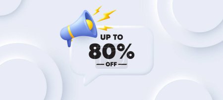 Illustration for Up to 80 percent off sale. Neumorphic 3d background with speech bubble. Discount offer price sign. Special offer symbol. Save 80 percentages. Discount tag speech message. Banner with megaphone. Vector - Royalty Free Image