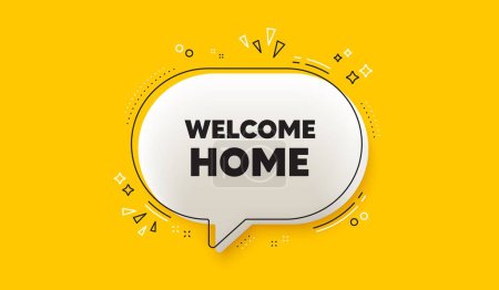 Illustration for Welcome home tag. 3d speech bubble yellow banner. Home invitation offer. Hello guests message. Welcome home chat speech bubble message. Talk box infographics. Vector - Royalty Free Image