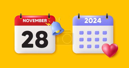 Illustration for Calendar date 3d icon. 28th day of the month icon. Event schedule date. Meeting appointment time. 28th day of November month. Calendar event reminder date. Vector - Royalty Free Image