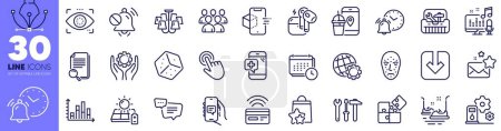 Illustration for Load document, Puzzle and Chat app line icons pack. Filling station, Spanner tool, Search file web icon. Face biometrics, Loyalty points, Alarm clock pictogram. Solar panel, Text message. Vector - Royalty Free Image