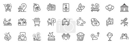 Illustration for Icons pack as Ice cream, Gps and Crane claw machine line icons for app include Lounger, Eco bike, Journey outline thin icon web set. Puzzle, Fireworks, Map pictogram. Mattress. Vector - Royalty Free Image