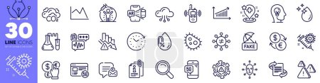 Illustration for Fake news, Discrimination and Vaccine protection line icons pack. Mental health, Money currency, 5g internet web icon. Co2, No alcohol, Water drop pictogram. Marketing, Chemistry lab. Vector - Royalty Free Image